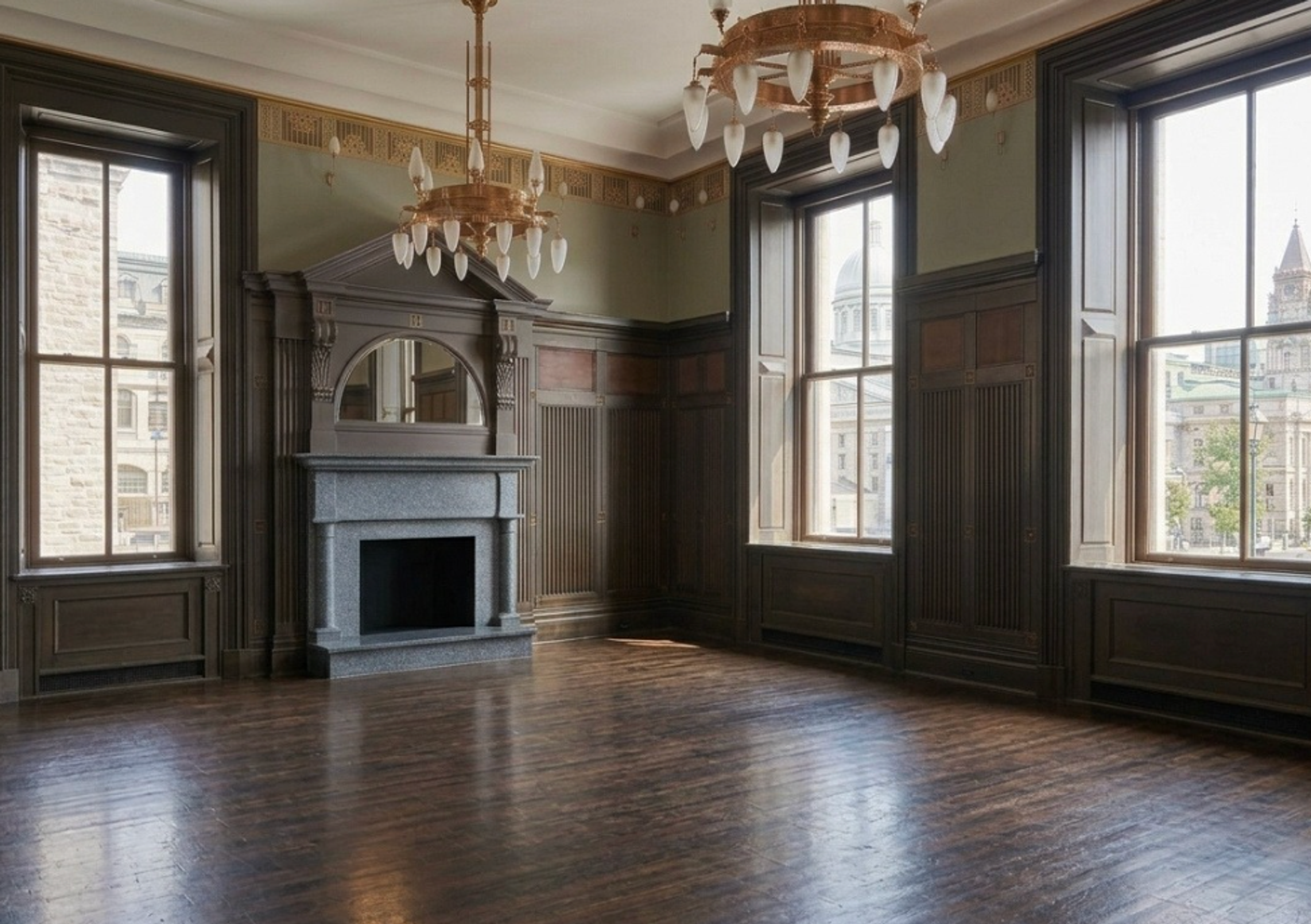 Salle plénière avec sa longue table et ses boiseries