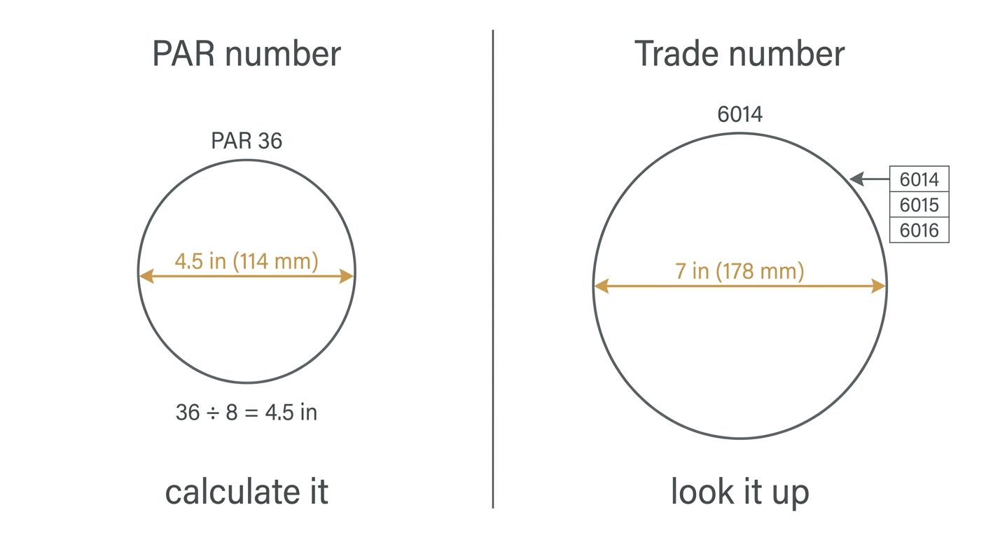 Two columns compared. On the left a PAR number: a 4.5 inch circle with the arithmetic 36 divided by 8, captioned calculate it. On the right a trade number: a 7 inch circle with a lookup table listing 6014, 6015 and 6016, captioned look it up
