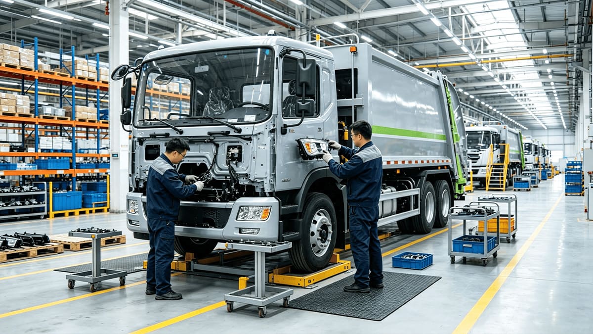 Assembly line fitting LED lights to a refuse truck body, with technicians wiring the lamps