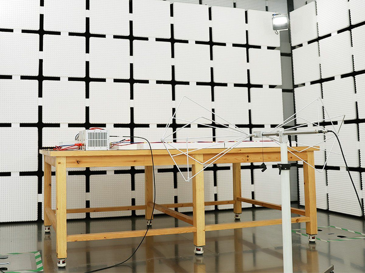 EMC radiated emissions chamber at the Tough Lighting factory with an LED lamp under test