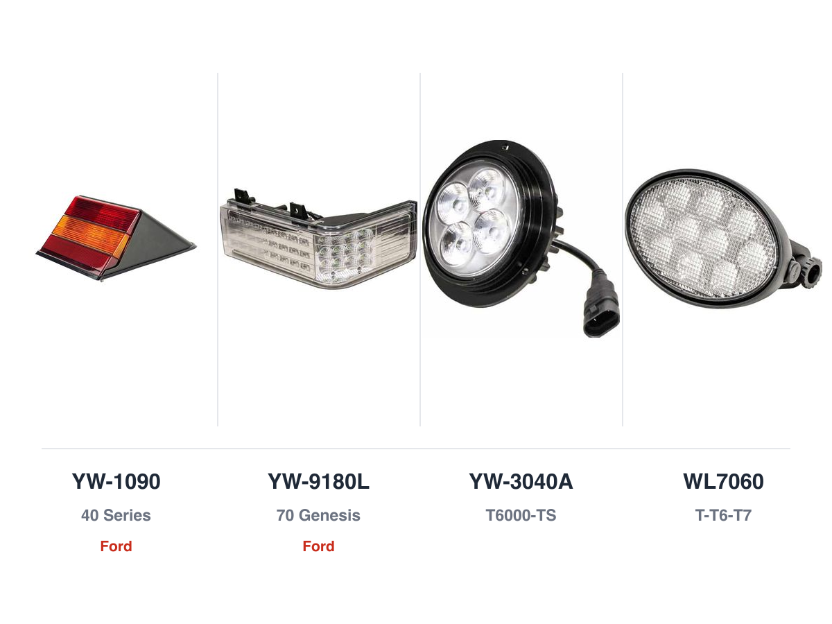 Four New Holland replacement lamps side by side, each labelled with its part number and series, the first two also marked Ford