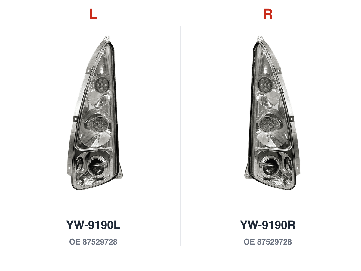The left and right T8010 to T8030 LED headlights photographed side by side, mirrored, both labelled with the same original number