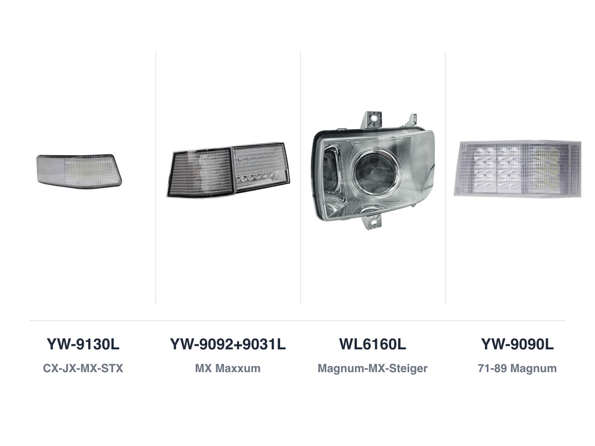 Four Case IH wraparound hood replacement lamps side by side, each labelled with its part number and series: a small wedge unit, a twin-unit strip, a large lensed headlight and a rectangular panel