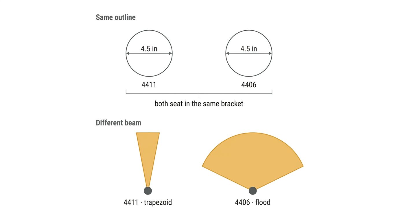 Two identical 4.5 inch lamp faces labelled 4411 and 4406 shown seating in the same bracket, with their beam patterns drawn underneath: a narrow trapezoid for the 4411 and a wide shallow flood for the 4406