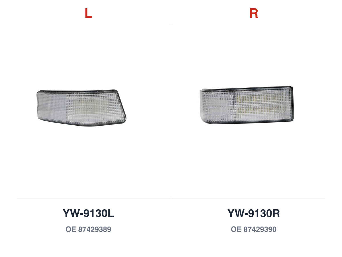 The left and right CX-JX-MX-STX wraparound hood lamps photographed side by side, mirrored, each labelled with its part number and its own original number