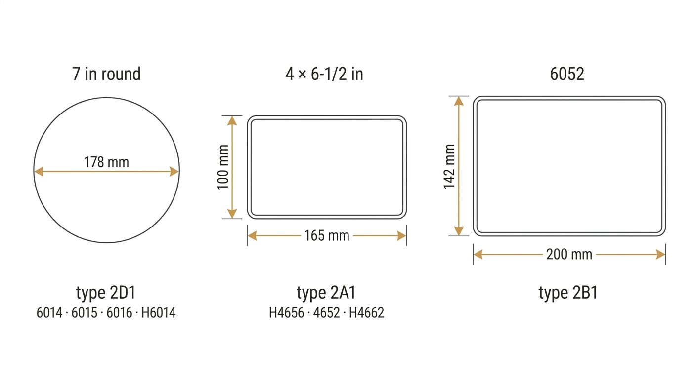Three sealed beam outlines drawn to scale against one another: a 178 mm circle labelled type 2D1 with trade numbers 6014, 6015, 6016 and H6014; a 100 by 165 mm rectangle labelled type 2A1 with H4656, 4652 and H4662; and a larger 142 by 200 mm rectangle labelled type 2B1 for the 6052