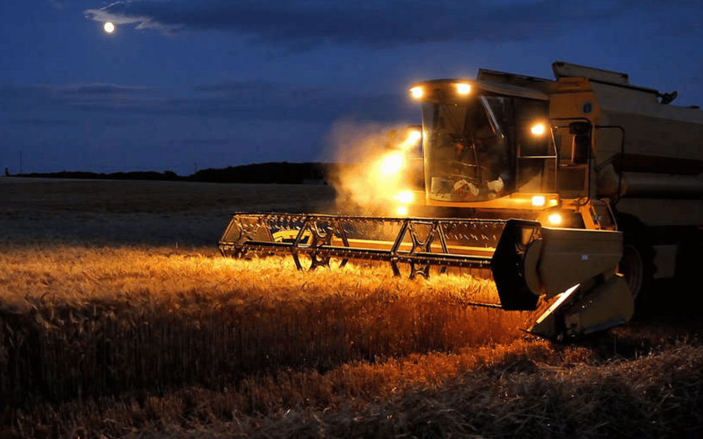 Agricultural machinery working at night with LED lights