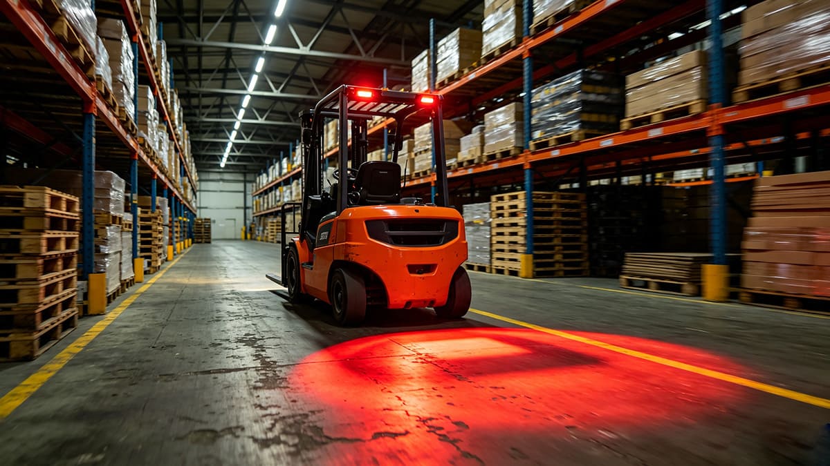 Warehouse forklift with LED safety lights