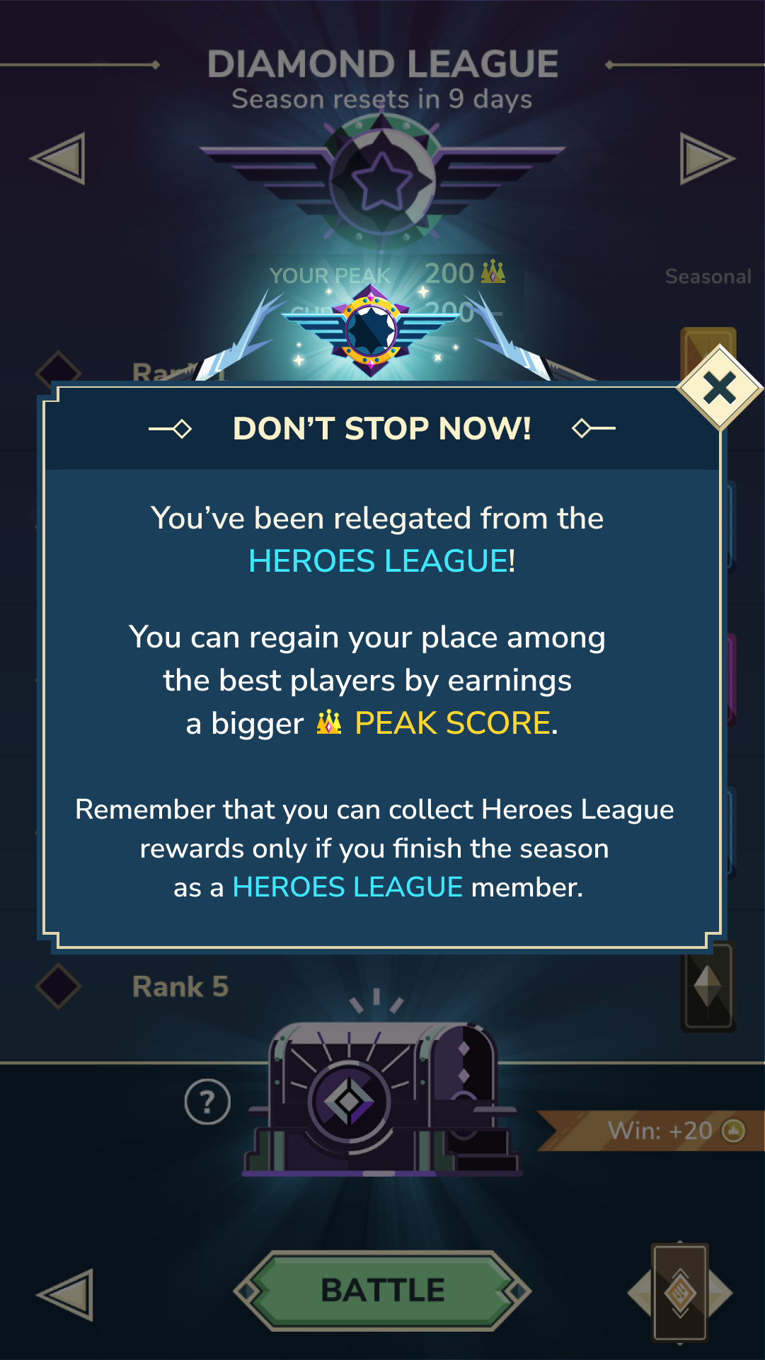 Screenshot of the in-game popup displaying the message about having been kicked out of the Heroes League.