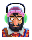 Bearded human with pink beanie and green headphones