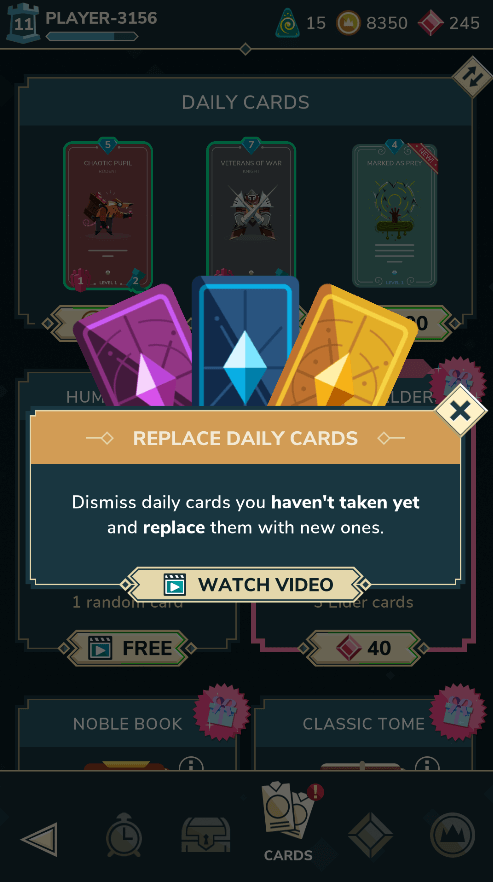 Card shop tab information dialog offering to reroll the cards by watching an ad