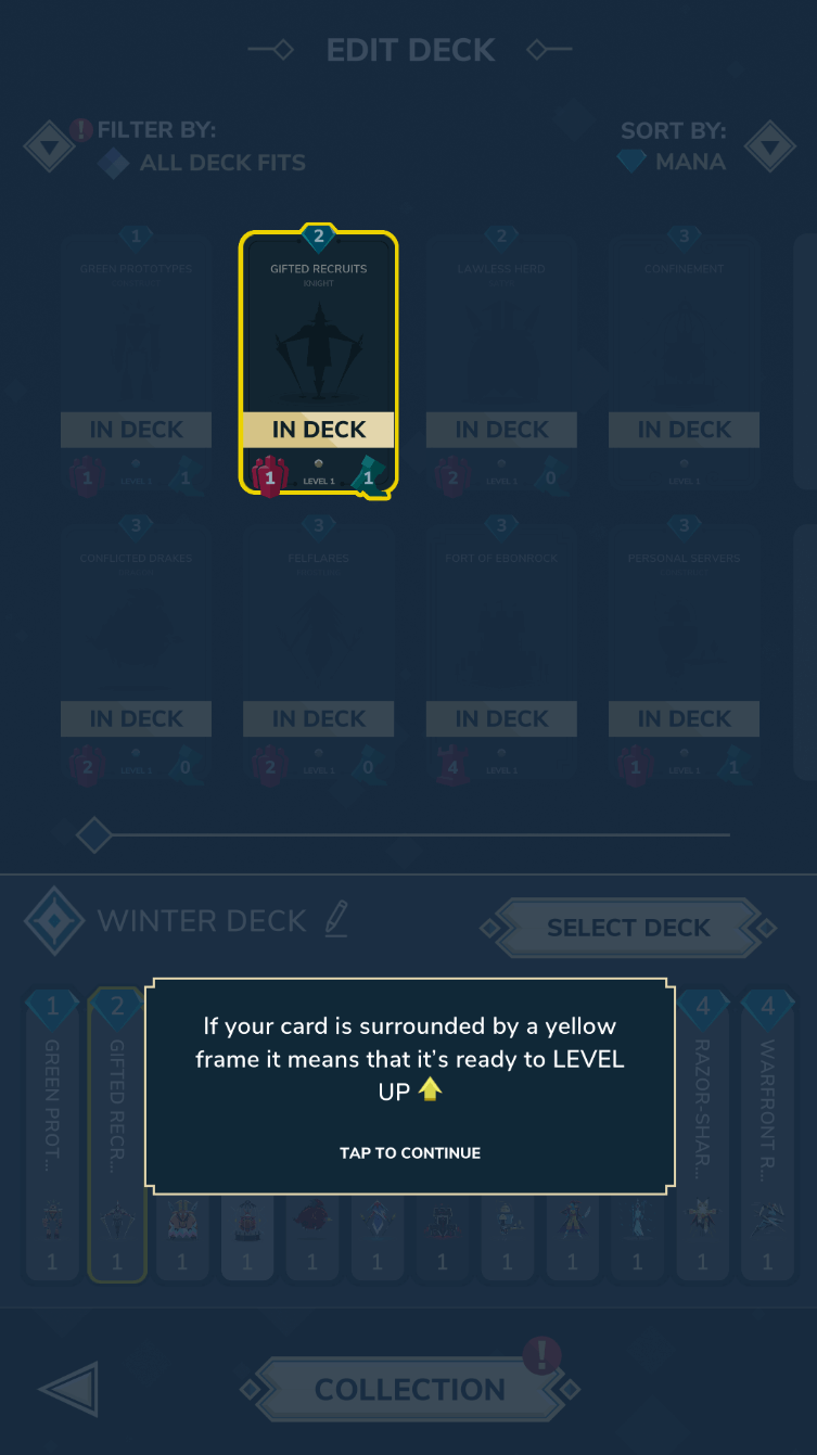 Updated tutorial displaying an explanation about the yellow halo around a card which can be upgraded
