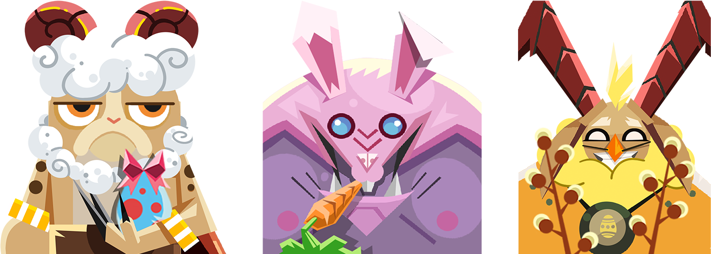 Three Easter Avatars; Easter Razor-Sharped Lynx as a lamb holding an Easter egg, Ubass as an Easter bunny eating a carrot, and a happy Dreadfauns in the Easter version.