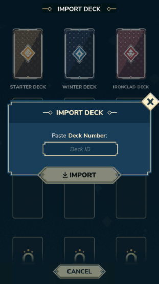 Screenshot of the new deck import feature showcasing an open dialog with a text field labeled “Paste deck number”