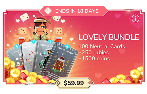 Lovely Bundle ($59.99): 100 neutral cards (with rarity odds being 45%, 30%, 15%, 10%), 1500 coins and 250 rubies