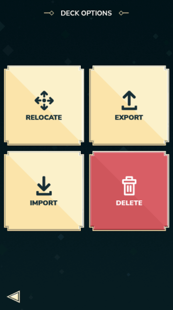 Screenshot of the new deck options feature showcasing 4 buttons labeled “Relocate”, “Import”, “Export”, “Delete”
