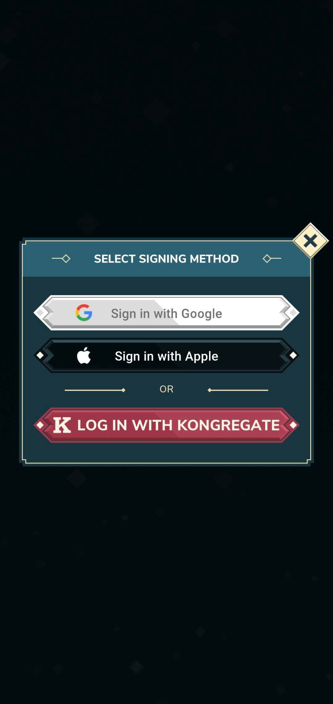 Screenshot of the signing process in the game, featuring 3 options: signing in with Google, with Apple or with Kongregate