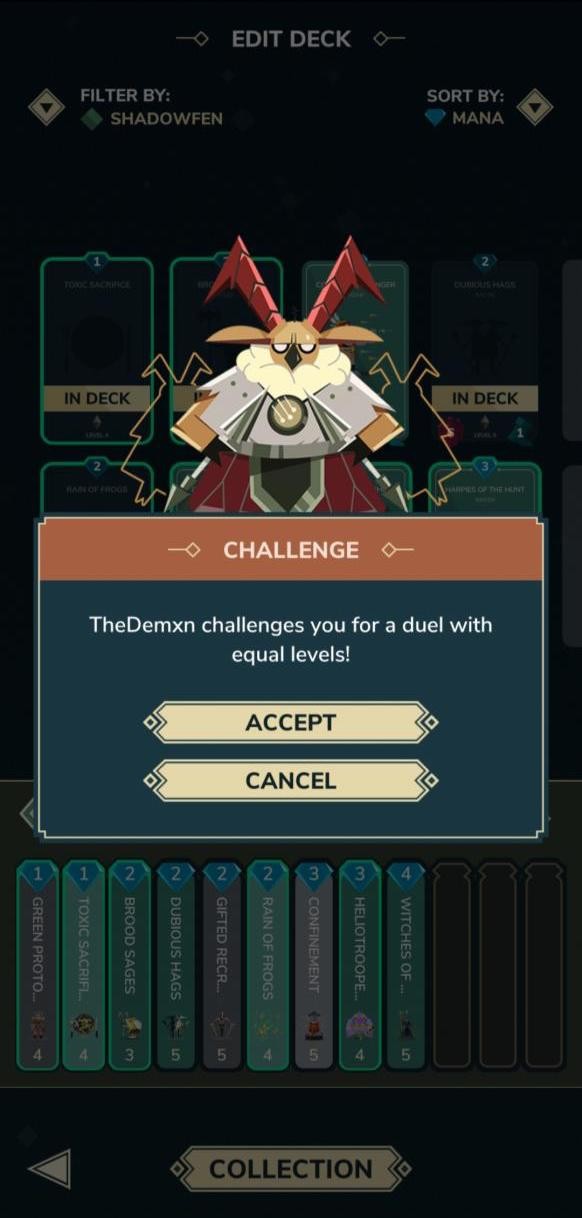Friendly challenge dialog being displayed in the deck view