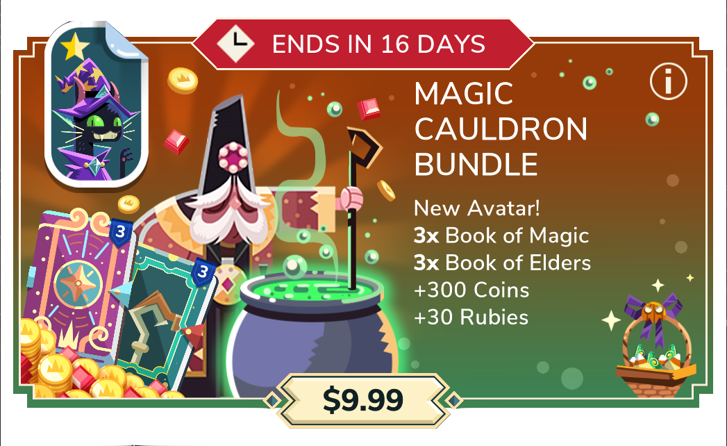 Magic Cauldron Bundle ($9.99): New Avatar, 3 Books of Magic, 3 Books of Elders, 300 coins and 30 rubies