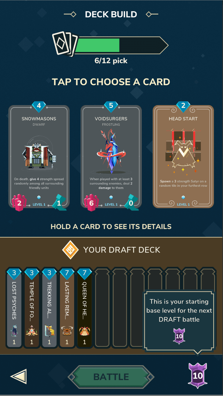 Screenshot of the deck building interface, offering a choice between 3 different cards for the 6th pick, with the incomplete deck shown at the bottom
