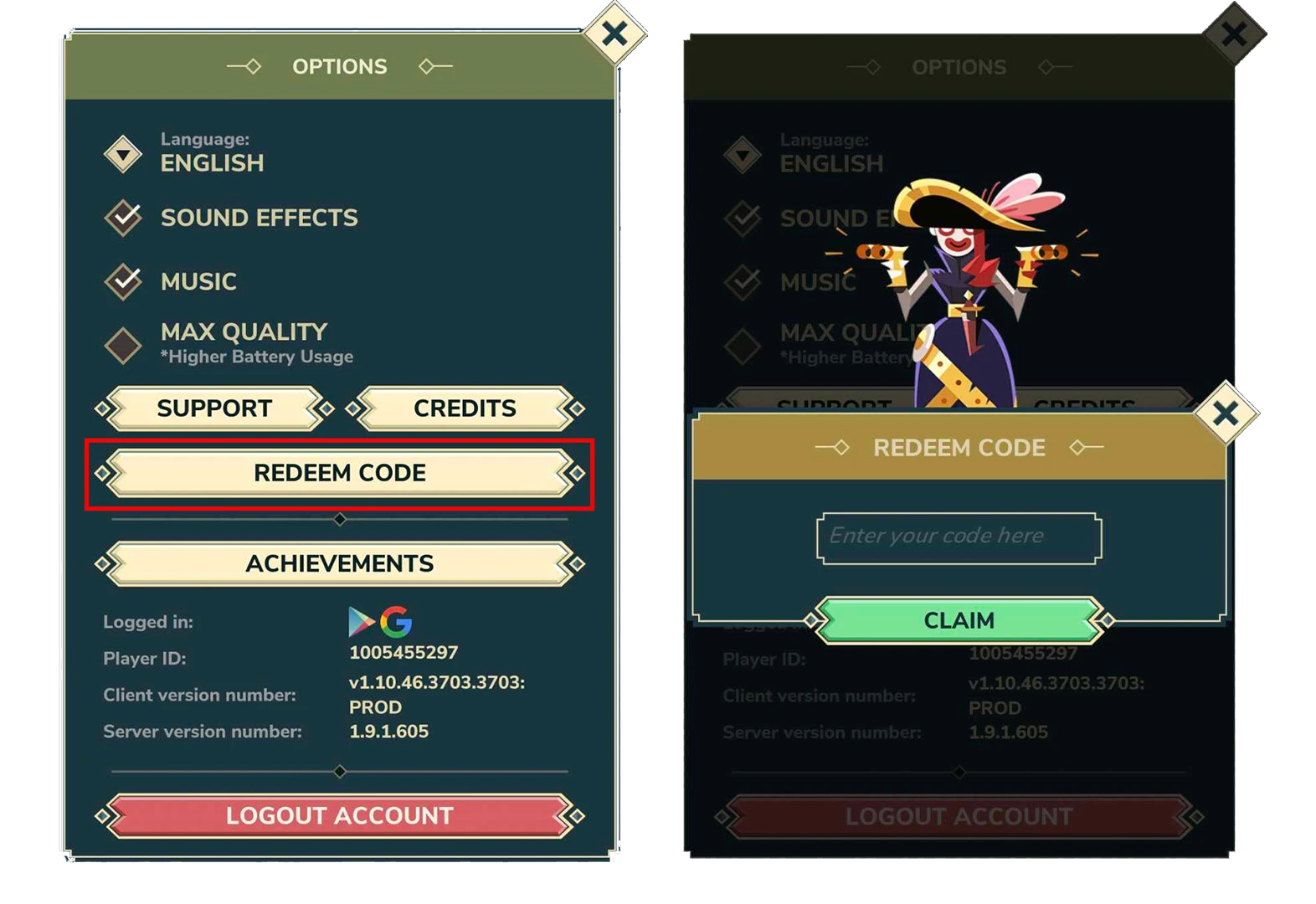 Screenshots of the game interface to redeem a code