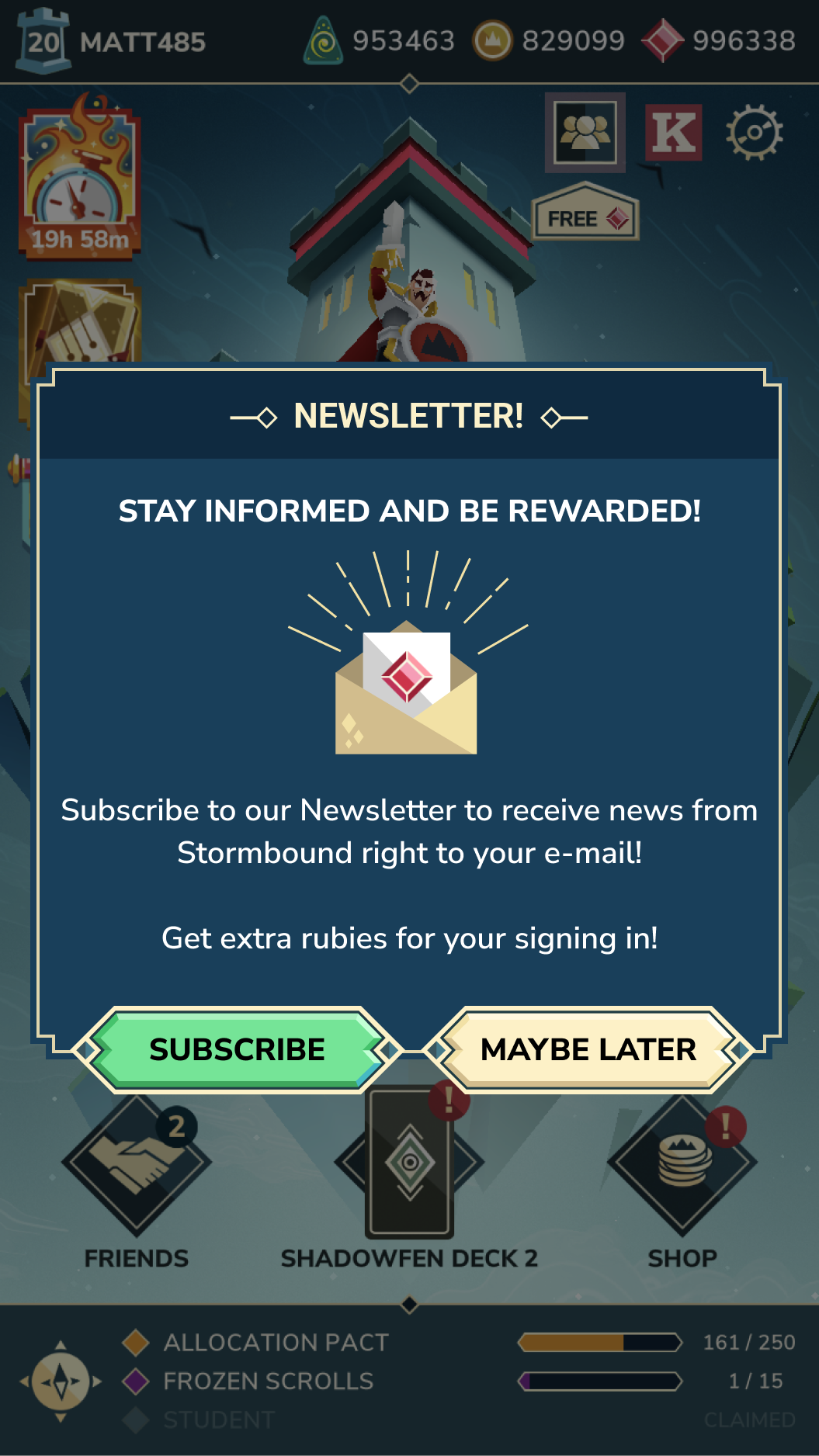 In-game screenshot of the popup window offering to subscribe to the newsletter
