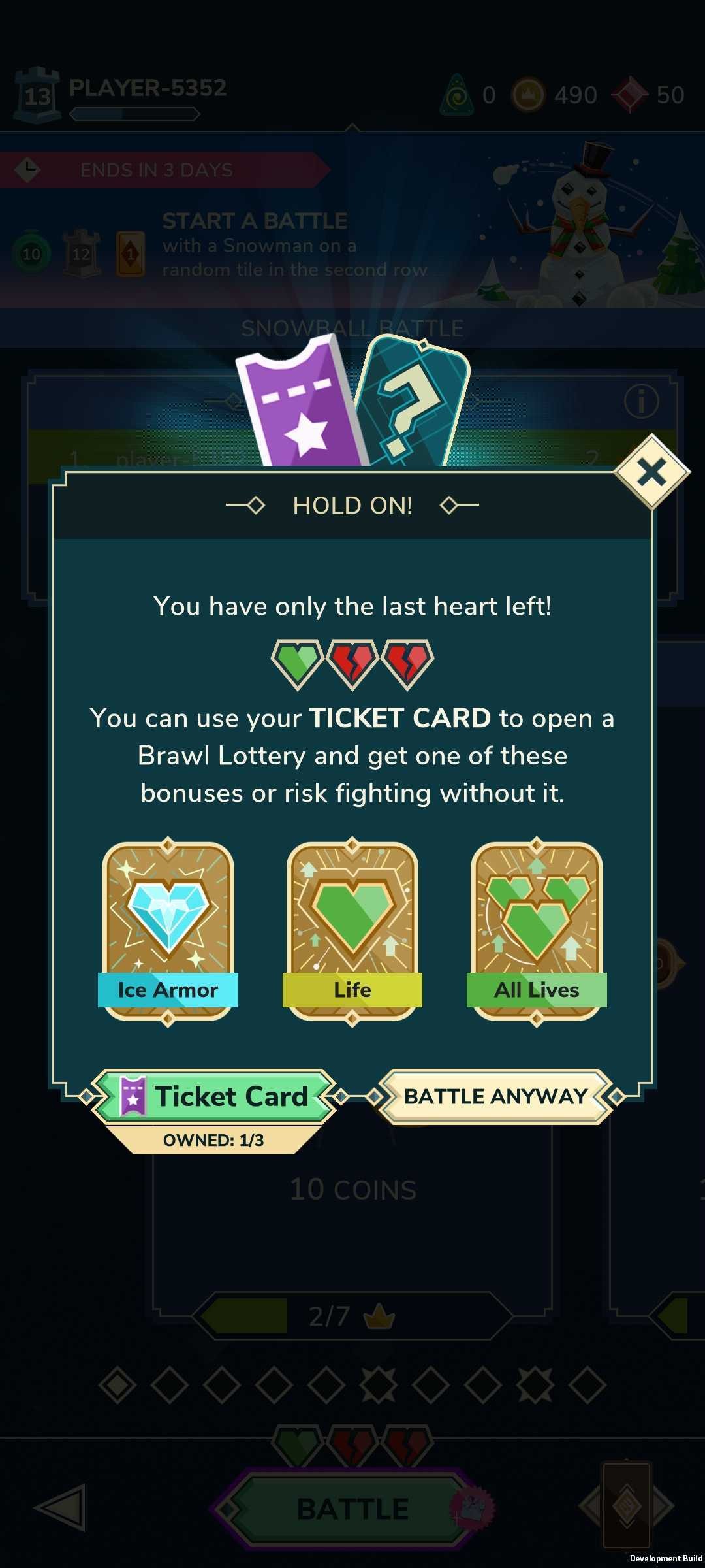 Screenshot of the dialog showing up in Brawl, offering to spend an entry card to gain a Brawl bonus