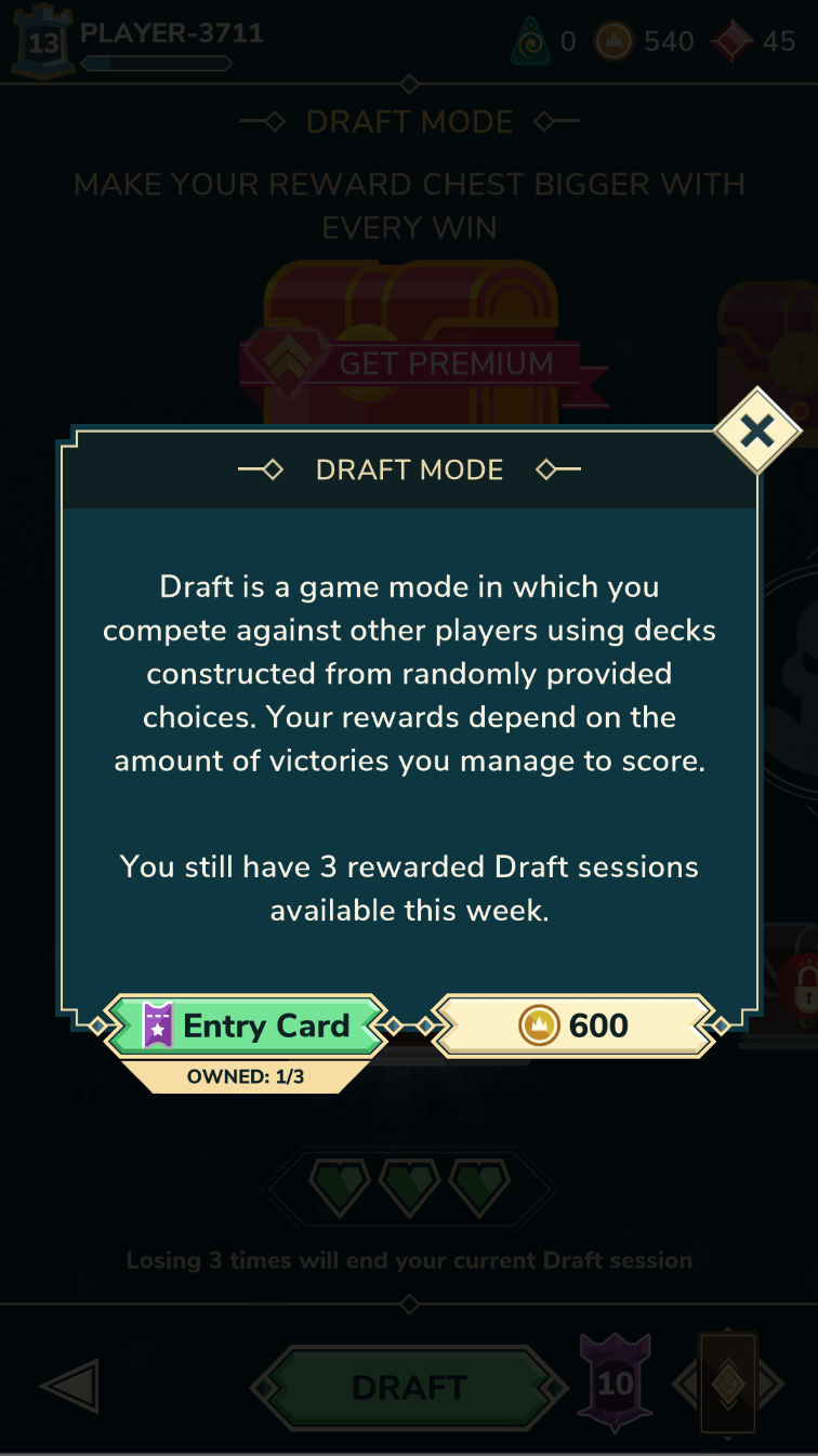 Screenshot of the entry dialog for the Draft mode asking for an entry card or 600 coins