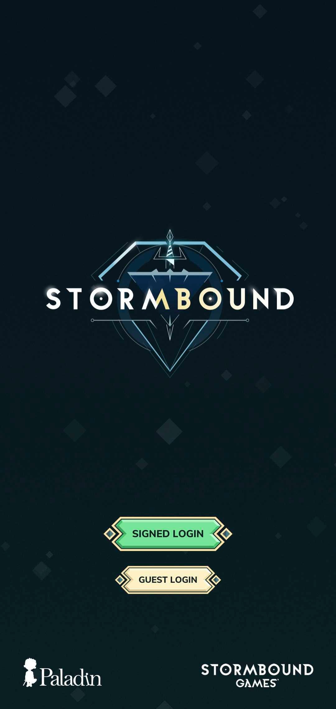 Screenshot of the first in-game screen featuring the Stormbound logo and two options: signing in, or playing as a guest