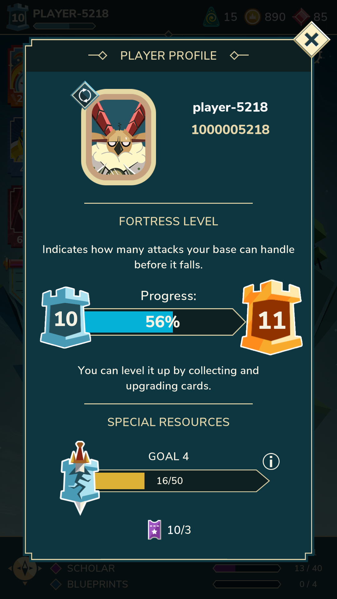Player’s profile popup displaying the current special resources progress bar
