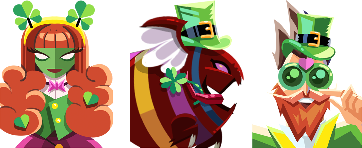 Three Saint Patrick’s Day themed avatars: a green woman with red hair dressed fancily, a red dragon with a green hat and green lucky clove, and a disguised Erik with green hat, green goggles and a red beard