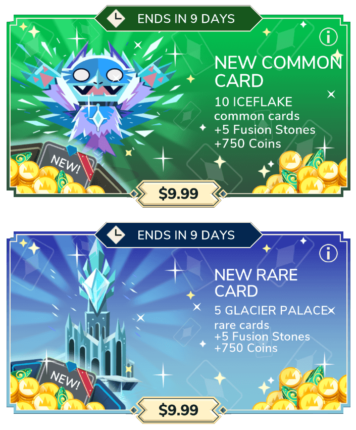 Iceflakes pack ($9.99): 10 copies of Iceflakes, 5 fusions stones and 750 coins; Glacier Palace pack ($9.99): 10 copies of Glacier Palace, 5 fusions stones and 750 coins