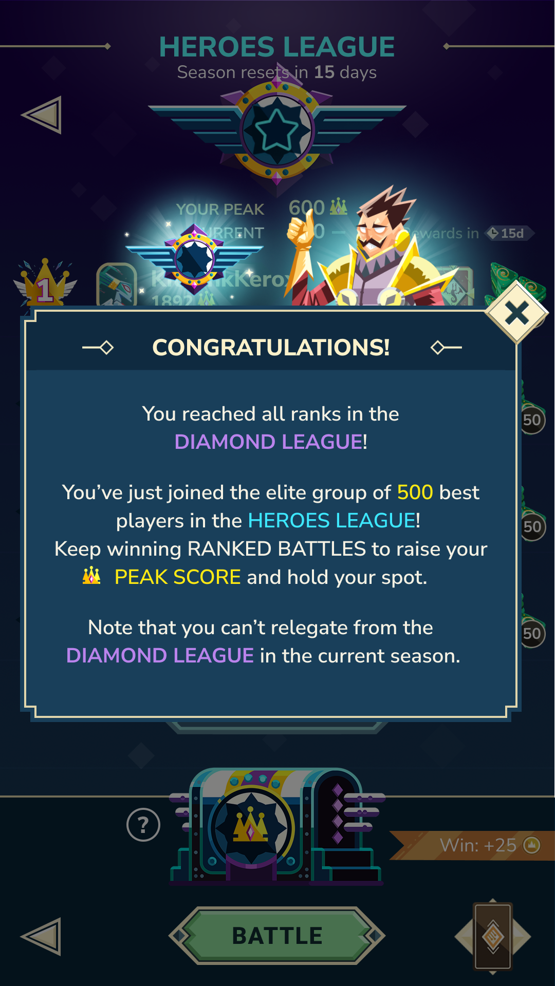 Screenshot of the in-game popup displaying the congratulation message for having reached the Heroes League.