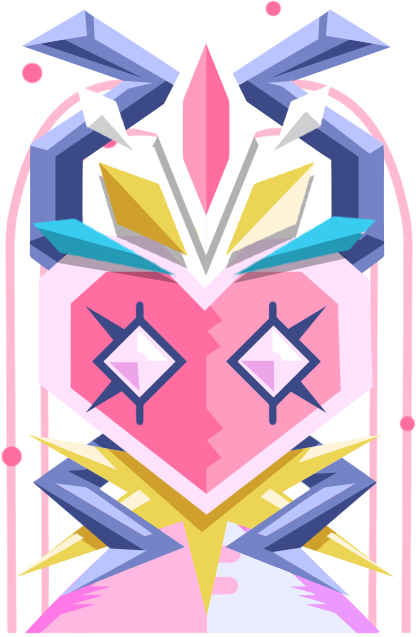 Valentine-themed pink creature with gold and blue ornaments