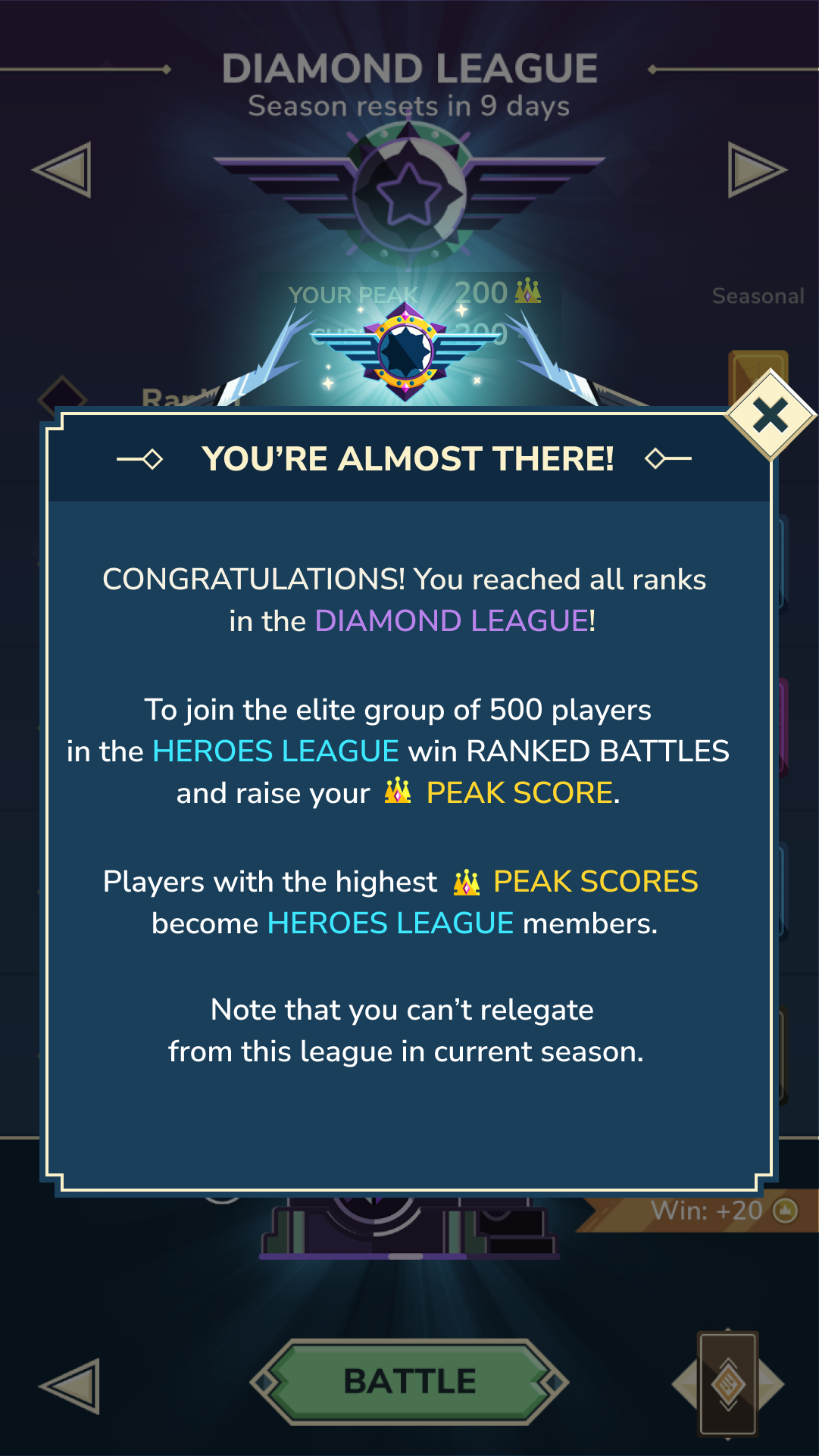 Screenshot of the in-game popup displaying a message encouraging the player to reach a higher score to enter the Heroes League.