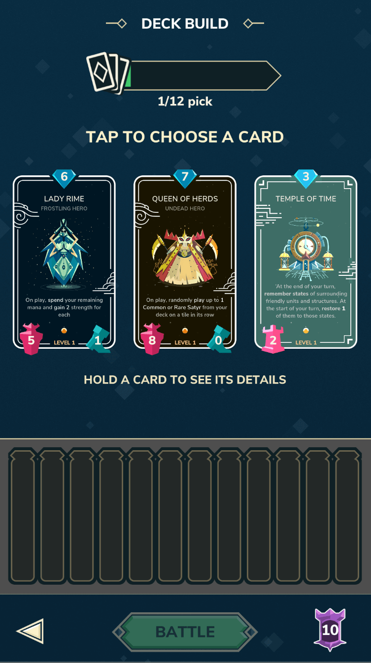 Screenshot of the deck building interface, offering a choice between 3 different cards for the 1st pick