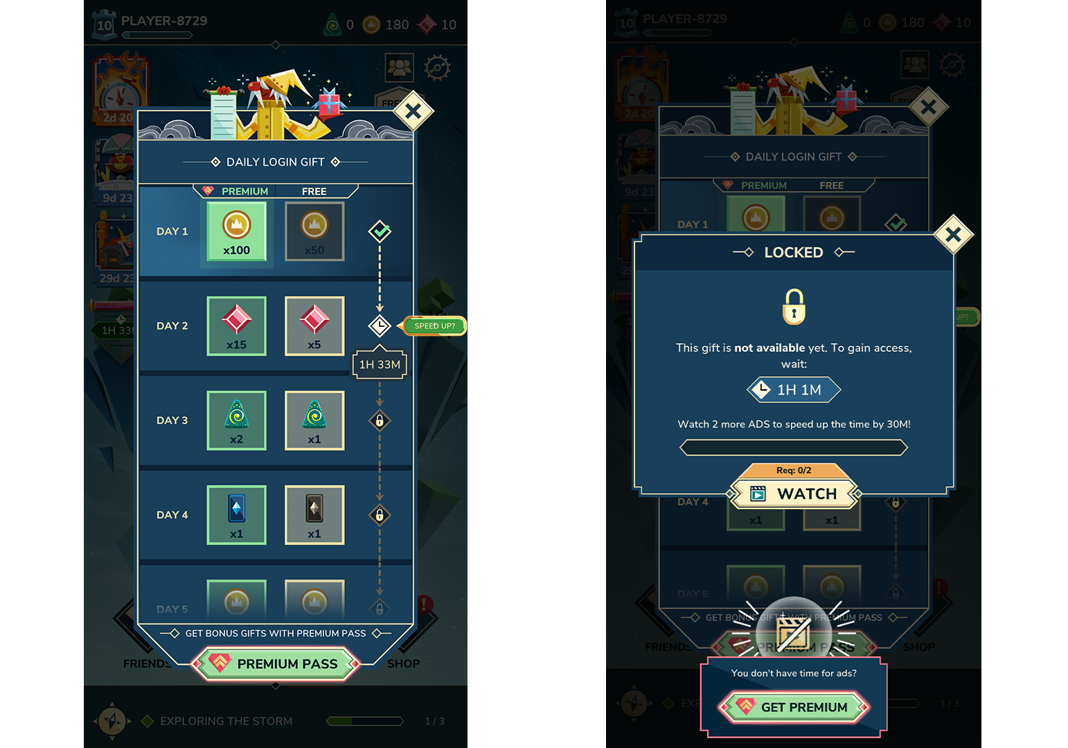 Screenshot showing reducing the time to unlock the daily reward from the Daily Login Gift Calendar.