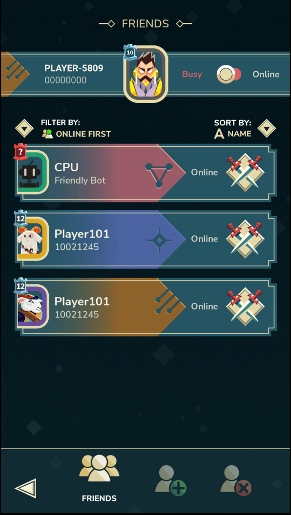 Screenshot of the friends menu displaying a toggle on the top right corner for notifications, labeled “Busy” and “Online”, currently set to “Busy”