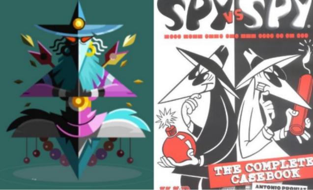 Side-by-side the Faithless Prophets artwork and the cover of the comic book Spy vs. Spy featuring characters looking similar to the card