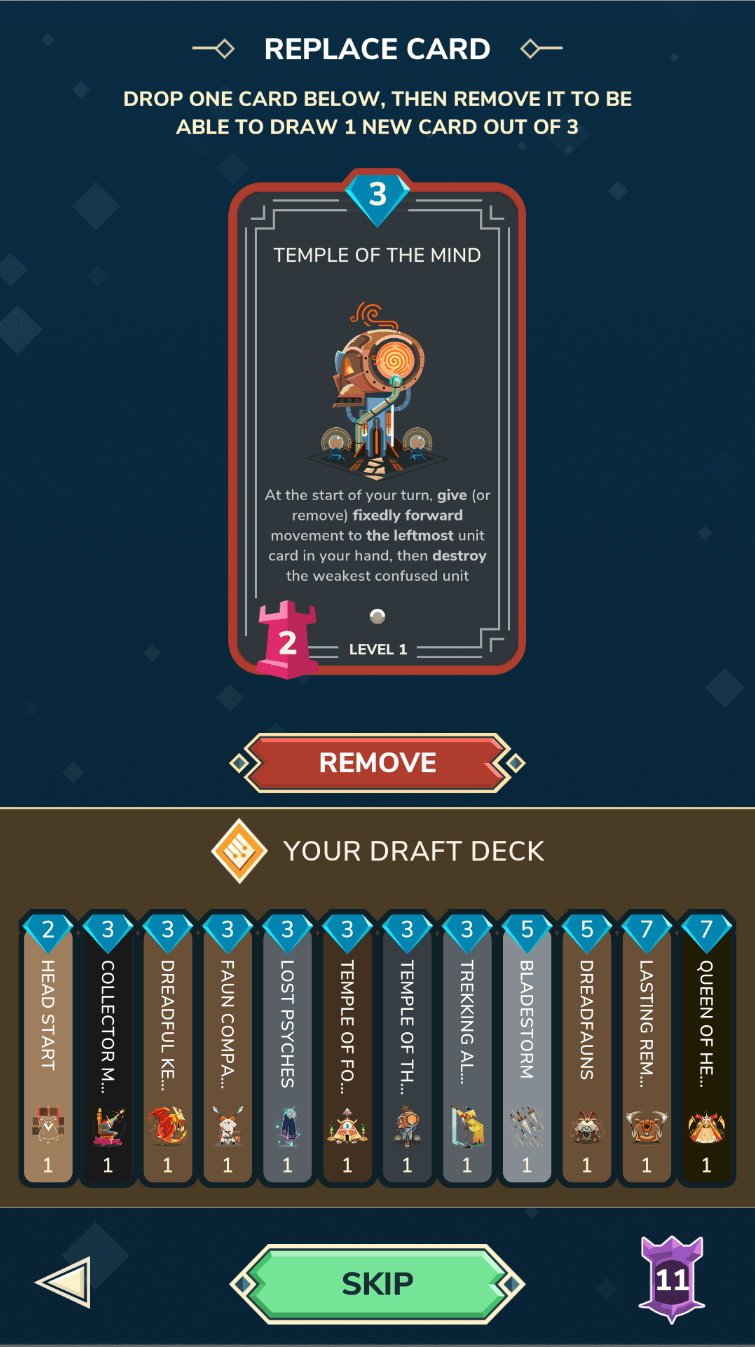 Screenshot of the card replacement interface, displaying the selected card to replace with a “Remove” button to confirm