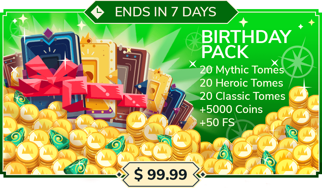 $99.99 promotion: 20 Mythic Tomes + 20 Heroic Tomes + 20 Classic Tomes + 5000 coins + 50 fusion stones