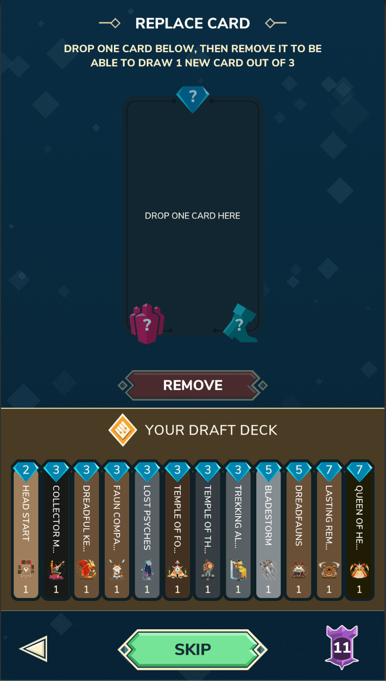 Screenshot of the card replacement interface, offering to pick a card to replace