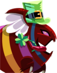 A red dragon with a green hat and green lucky clove
