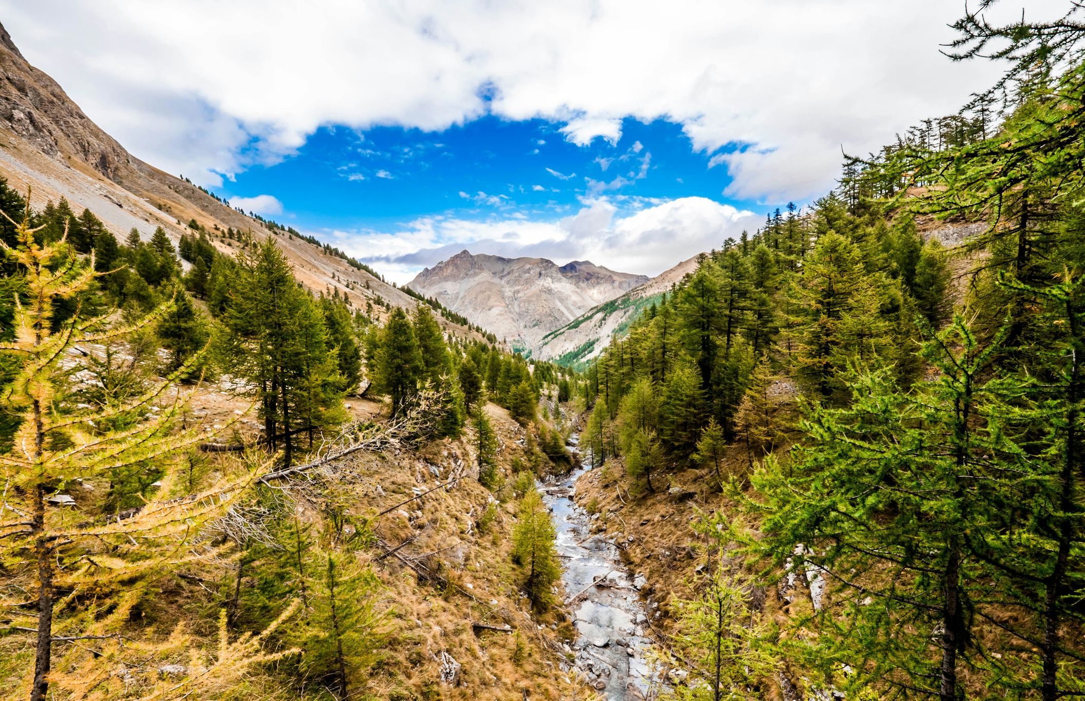 Mountain with stream running through it