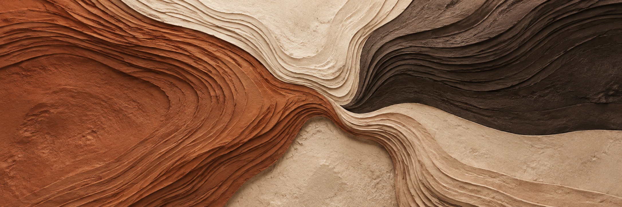 Terracotta, sandstone and charcoal contour layers flowing together in a sculpted landscape.