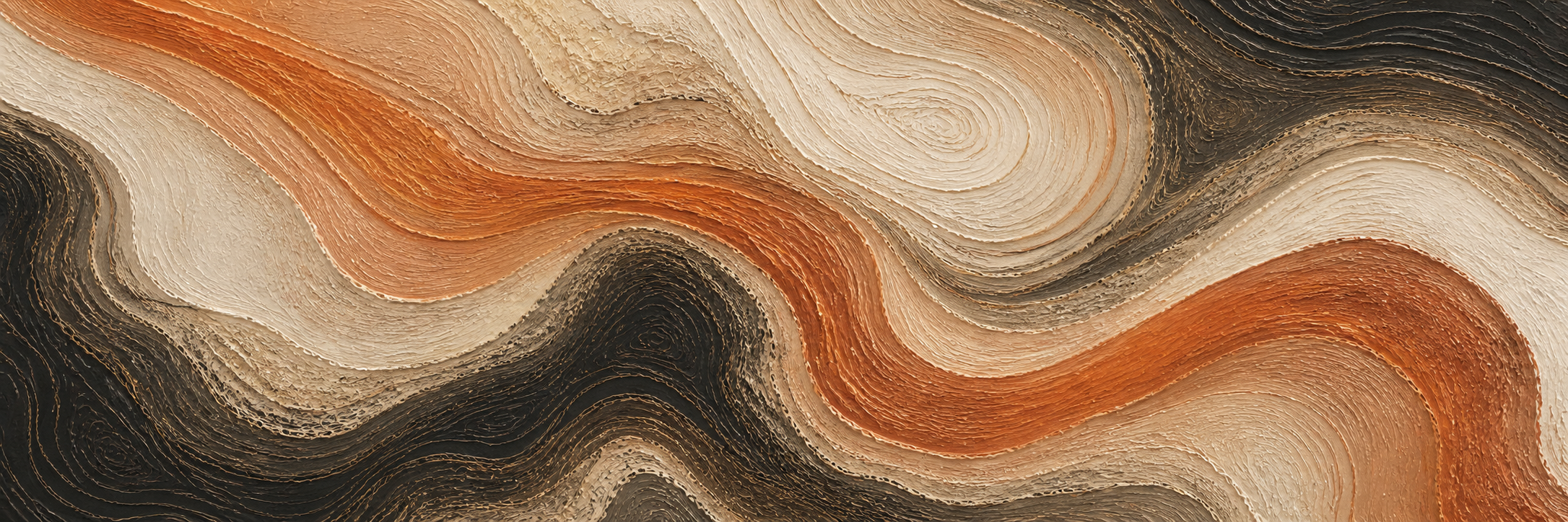 Flowing terracotta, ivory and obsidian contour bands with a sculpted mineral-paper texture.