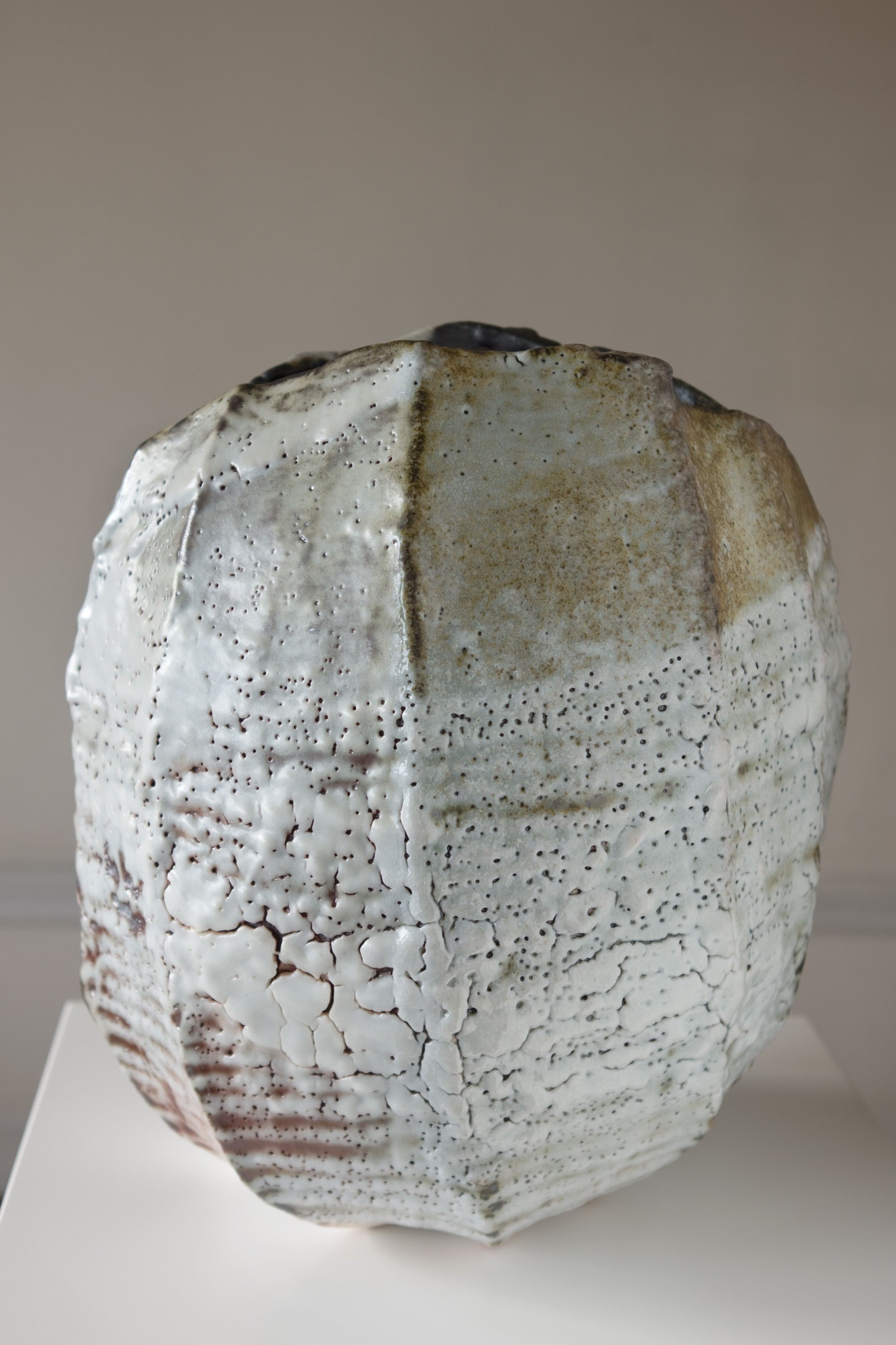 Hori Hichiro Shino, Type Vertically Faceted Flattened Vessel Glazed Stoneware