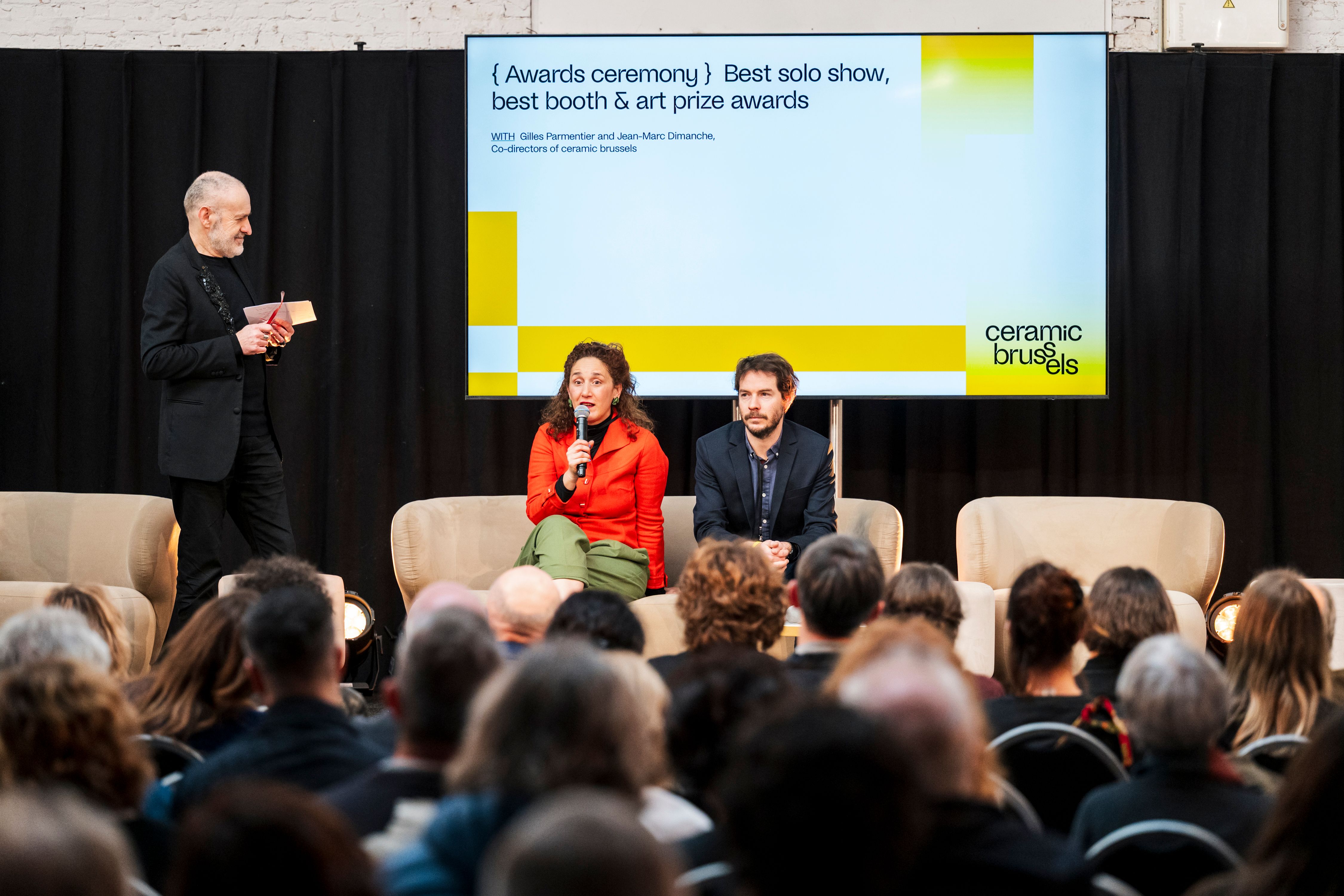 Gallery owners in conversation on the talks stage at ceramic brussels 2026.