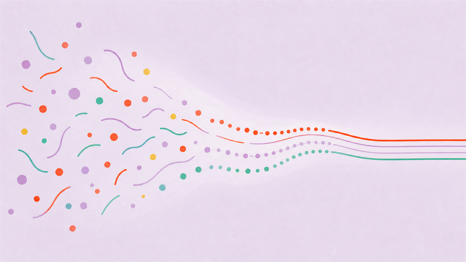 Illustration: scattered dots and lines on the left gradually settling into an ordered path on the right.