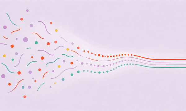 Illustration: scattered dots and lines on the left gradually settling into an ordered path on the right.